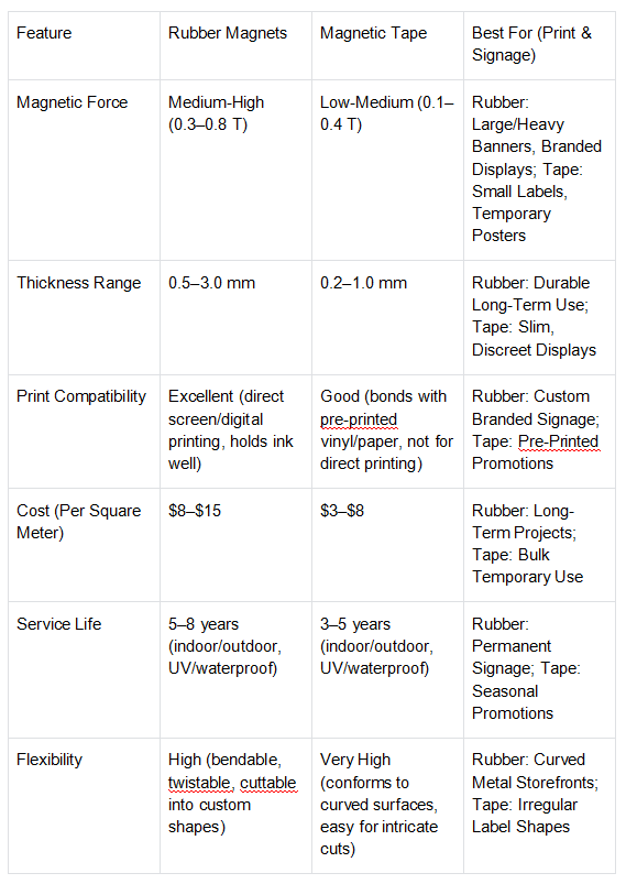 Detailed Comparison Table: Rubber Magnets vs Magnetic Tape